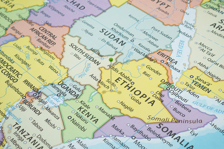 Close up to an Arba Minch city with a green pin needle into Ethiopia country political mapの写真素材