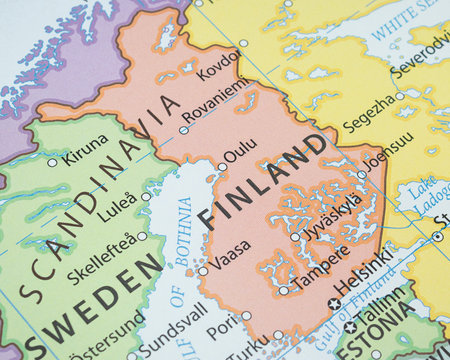 Close up to a Finland political map with country borders and most important citiesの写真素材