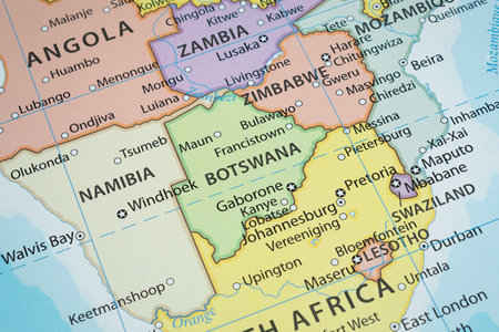 Close up to a Botswana political map with country borders and most important citiesの写真素材