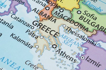 Close up to a Greece political map with country borders and most important citiesの写真素材