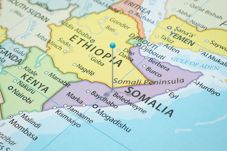 Close up to a Beledweyne city with a Light Blue pin needle into Somalia country political mapの写真素材