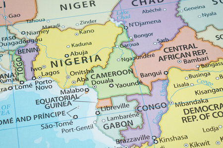 Close up to a Cameroon political map with country borders and most important cities