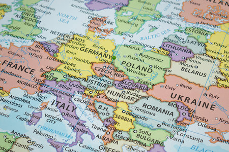 Close up to a Bratislava city with a green pin needle into Slovakia country political mapの写真素材