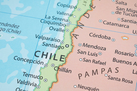 Macro photo of Chile political map with country borders and most important citiesの写真素材