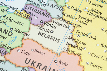 Close up to a Belarus political map with country borders and most important citiesの写真素材