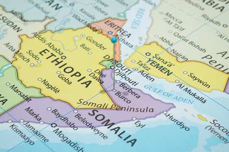 Close up to a Burco city with a Light Blue pin needle into Somalia country political mapの写真素材