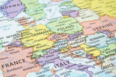 Close up to a Central Europe political map countries with borders and most important citiesの写真素材