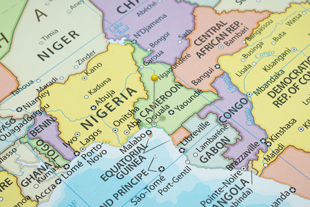 Close up to a Douala city with a Yellow pin needle into Cameroon country political mapの写真素材
