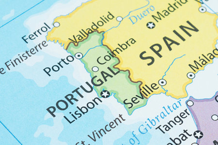 Close up to a Portugal political map with country borders and most important citiesの写真素材