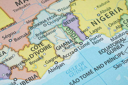 Close up to a Ghana political map with country borders and most important citiesの写真素材