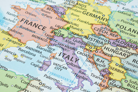 Close up to a Florence city with a green pin needle into Italy country political mapの写真素材