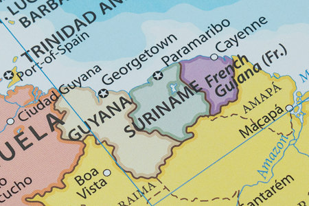 Close up to a Guyana suriname and french guiana political maps with country borders and most important citiesの写真素材