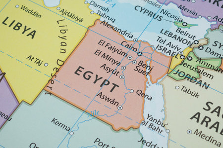Close up to an Egypt political map with country borders and most important citiesの写真素材
