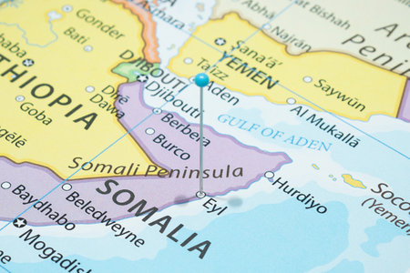 Close up to a Eyl city with a Light Blue pin needle into Somalia country political mapの写真素材