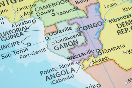 Close up to a Gabon political map with country borders and most important citiesの写真素材