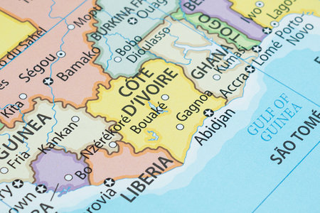 Close up to an Ivory Coast political map with country borders and most important citiesの写真素材