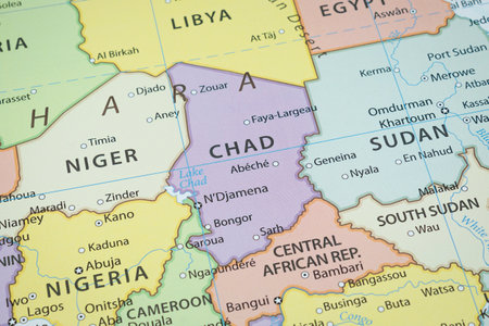 Close up to a Chad political map with country borders and most important citiesの写真素材