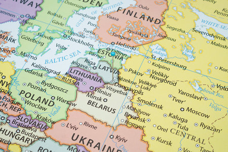 Close up to a Daugavplis city with a light blue pin needle into Latvia country political map