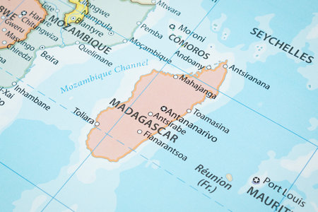 Close up to a Madagascar political map with country borders and most important citiesの写真素材