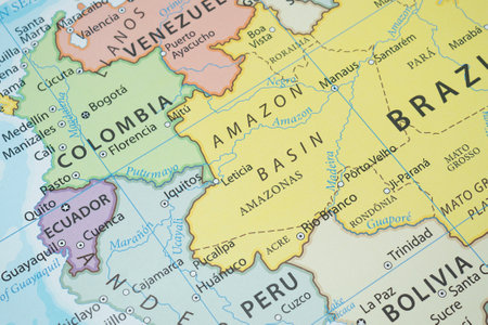 Macro photography amazon jungle region in north of south america political map with country borders and most important citiesの写真素材