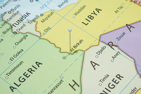 Close up to a Al Birkah city with a white pin needle into Libya country political map