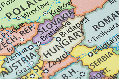 Close up to a Hungary political map with country borders and most important cities