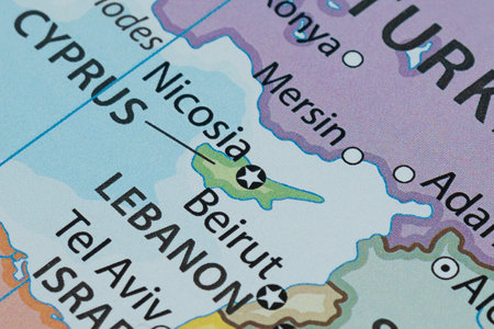 Close up to a Cyprus political map with country borders and most important citiesの写真素材