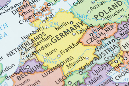 Close up to a Germany political map with country borders and most important citiesの写真素材