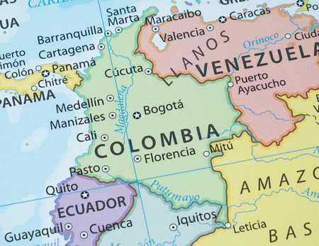 Close up to a Colombia political map with country borders and most important citiesの写真素材