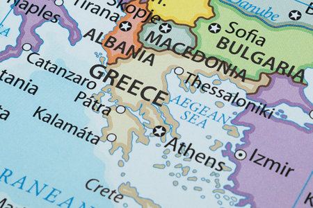 Close up to a Greece political map with country borders and most important citiesの写真素材