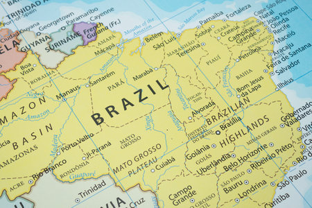 Close up to a Brazil political map with country borders and most important citiesの写真素材