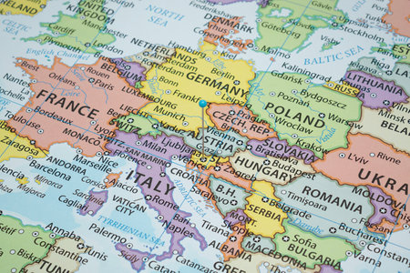 Close up to a Ljubljana city with a light blue pin needle into Slovenia country political mapの写真素材