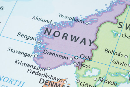 Macro photo of Norway political map with country borders and most important cities