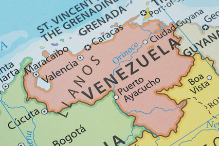 Macro photo of Venezuela political map with country borders and most important citiesの写真素材