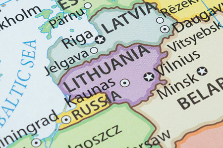 Close up to a Lithuania political map with country borders and most important citiesの写真素材