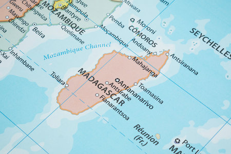 Close up to a Madagascar political map with country borders and most important cities