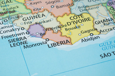 Close up to a Liberia political map with country borders and most important citiesの写真素材