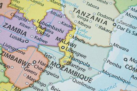 Close up to a Malawi political map with country borders and most important citiesの写真素材