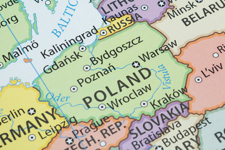 Macro photo of Poland political map with country borders and most important citiesの写真素材