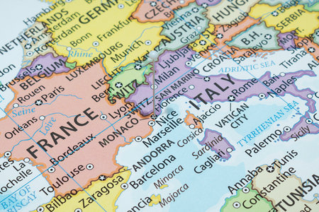 Close up to a Monaco city with a white pin needle into Monaco country political mapの写真素材