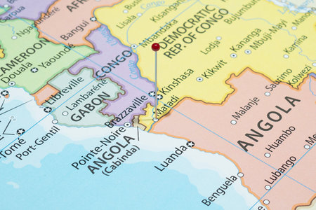 Close up to a Matadi city with a red pin needle into Democratic Republic of the Congo country...