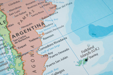 Close up to a Puerto Argentino city with a white pin needle into Malvinas Island belonging to United...
