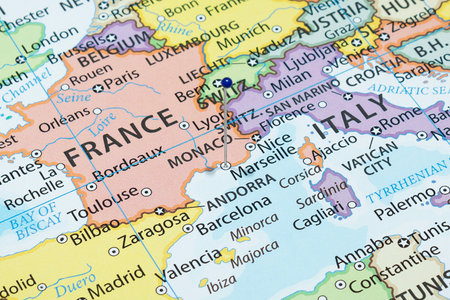 Close up to a Marseille city with a blue pin needle into France country political map