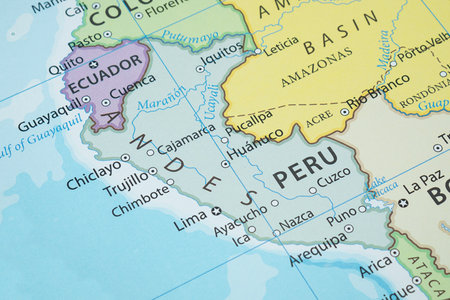 Macro photo of Peru political map with country borders and most important cities
