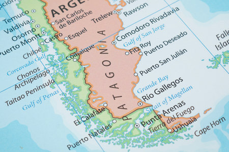 Close up to a Patagonia region in south of south america political map with country borders and most important citiesの写真素材