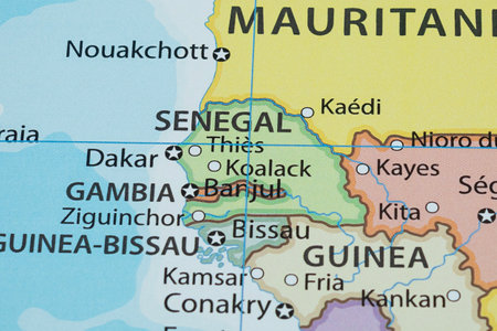 Close up to a Senegal political map with country borders and most important citiesの写真素材