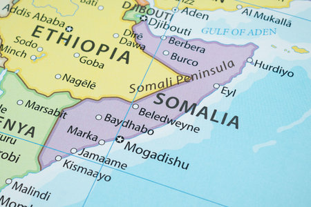 Close up to a Somalia political map with country borders and most important cities