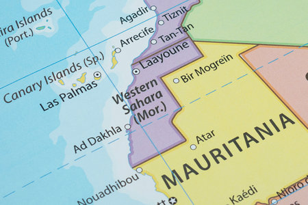 Close up to a western sahara political map with country borders and most important citiesの写真素材