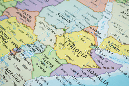 Close up to a Soddo city with a green pin needle into Ethiopia country political mapの写真素材