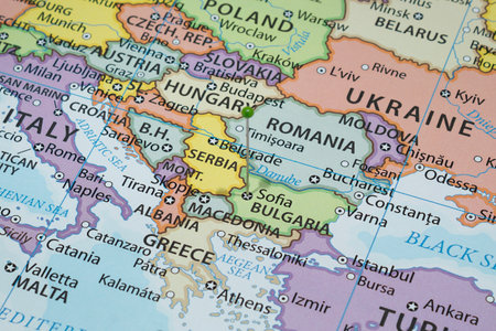 Close up to a Sofia city with a green pin needle into Bulgaria country political map